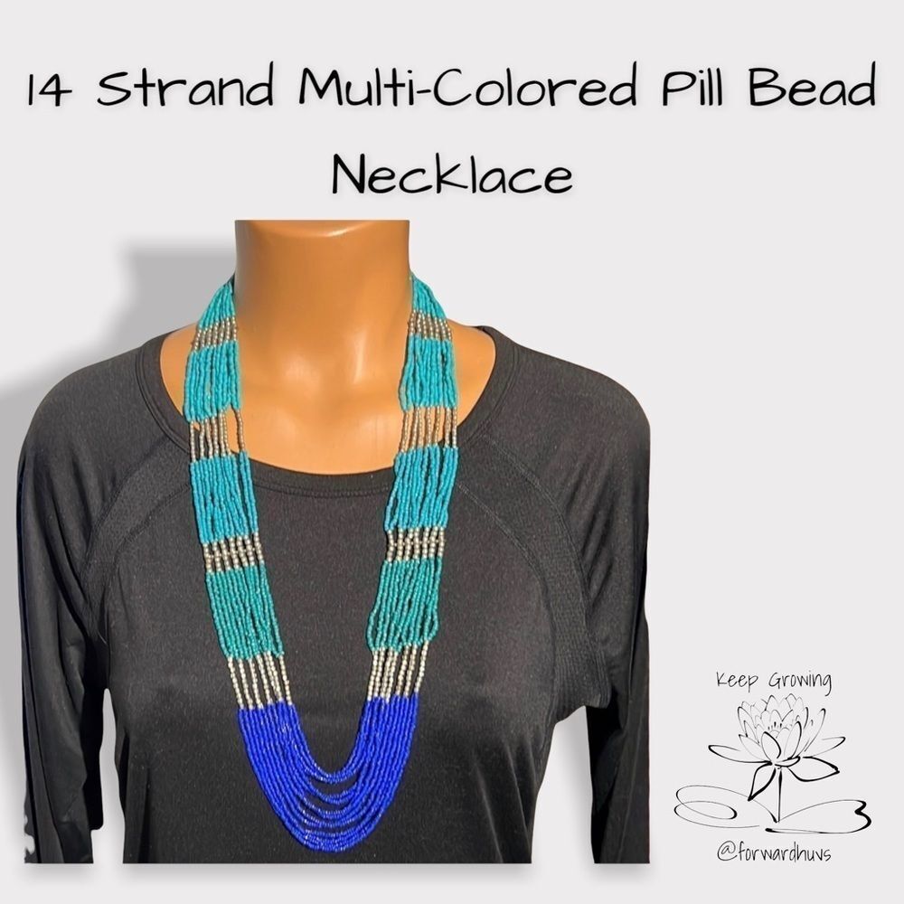 Elegant 14-Strand Blue and Silver Pill Bead Necklace